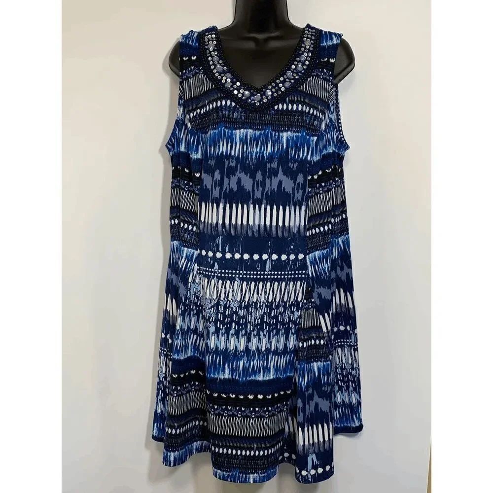 New Directions Womens Midi Dress Sequenced V Neck Sleeveless Blue 2X